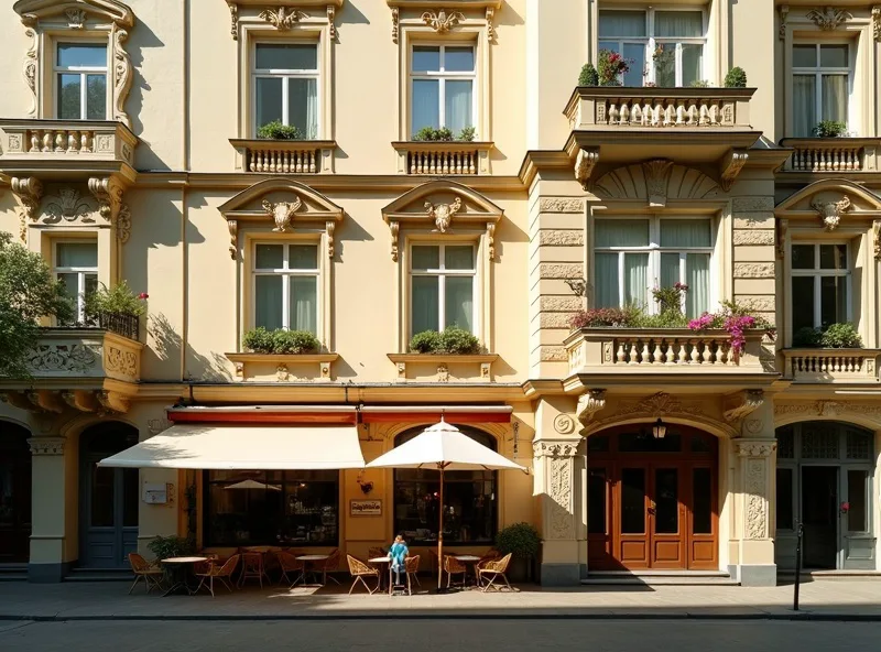 Gründerzeitfassaden im Belgischen Viertel Köln — Altbauten mit begrünten Balkonen und Cafés im Erdgeschoss