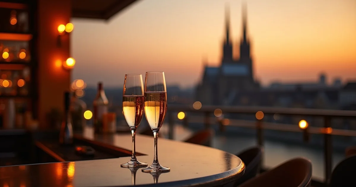 Rooftop Bar in Köln mit Blick auf den Rhein und den Kölner Dom — Abendstimmung