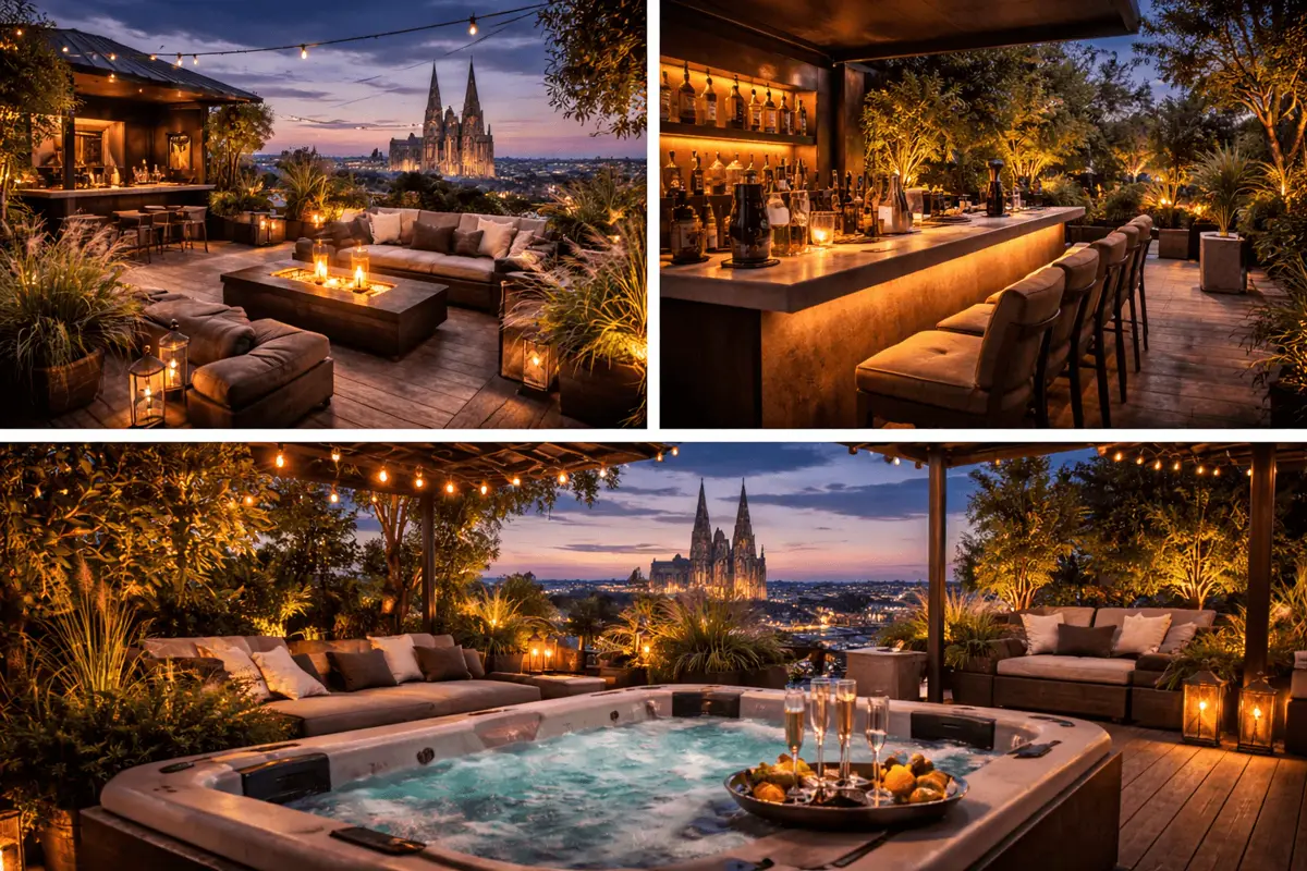 Exklusive Rooftop-Terrasse mit Lounge-Möbeln und Skyline-Blick